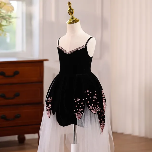 Chic / Beautiful Black Pearl Asymmetrical Flower Girl Dresses 2025 Birthday A-Line / Princess Spaghetti Straps Sleeveless Backless