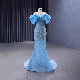 Haut De Gamme Scintillantes Bleu Ciel Glitter Paillettes Robe De Bal 2023 Trompette Sirène De L Épaule Volants Manches Courtes Dos Nu Train De Balayage Promo Robe De Ceremonie