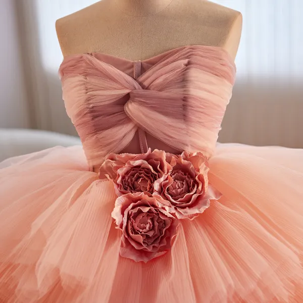 Blush Pink Ruffles Ball Gown Criss-cross Backless Prom Dresses,PD0304 –  AlineBridal