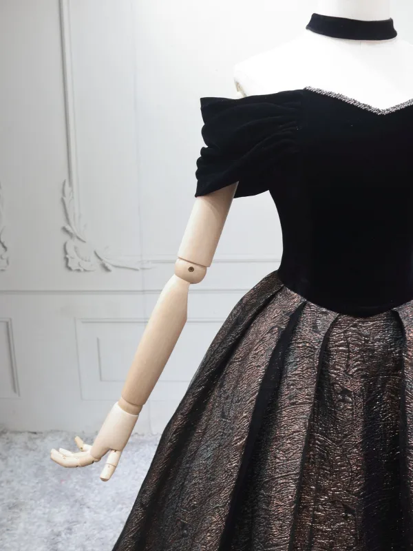 Vintage / Retro Black Gold Ball Gown Prom Dresses 2025 Off-The-Shoulder Short Sleeve Backless Floor-Length / Long Prom Formal Dresses