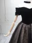 Vintage / Retro Black Gold Ball Gown Prom Dresses 2025 Off-The-Shoulder Short Sleeve Backless Floor-Length / Long Prom Formal Dresses