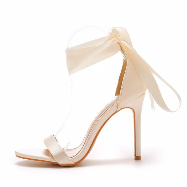 Sexy Champagne Evening Party Womens Sandals 2023 Satin Ankle Strap 10 cm Stiletto Heels Open / Peep Toe Sandals High Heels