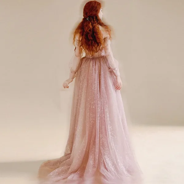 Chic / Belle Rougissant Rose Paillettes Robe De Bal 2025 Princesse De l'épaule Manches Longues Dos Nu Train De Balayage Promo Robe De Ceremonie