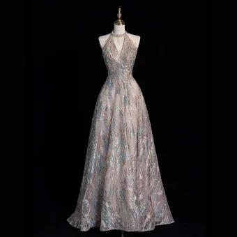 Sparkly Beading Sequins Champagne Prom Dresses 2024 A Line Princess High Neck Formal Dresses Short Sleeve Sweep Train