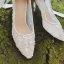 Elegante Weiß Handgefertigt Leder Perle Pailletten Brautschuhe 2023 6 cm Stilettos Spitzschuh Hochzeit Pumps Hochhackige