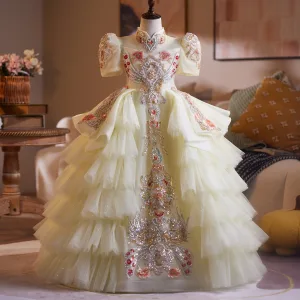 Vintage Retro Medieval Champagne Beading Lace Flower Pearl Sequins Cascading Ruffles Birthday Flower Girl Dresses 2025 Ball Gown High Neck Short Sleeve