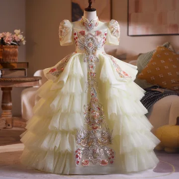 Vintage Originale Médiévale Champagne Perlage En Dentelle Fleur Perle Paillettes Volants En Cascade Anniversaire Robe Ceremonie Fille 2025 Robe Boule Col Haut Manches Courtes