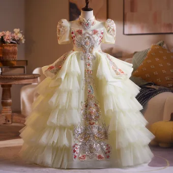 Vintage Originale Médiévale Champagne Perlage En Dentelle Fleur Perle Paillettes Volants En Cascade Anniversaire Robe Ceremonie Fille 2025 Robe Boule Col Haut Manches Courtes