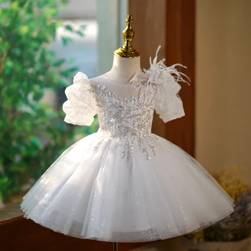 Fashion White Beading Sequins Tassel Short Birthday Flower Girl Dresses 2023 Ball Gown Scoop Neck Puffy Short Sleeve