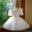 Fashion White Beading Sequins Tassel Short Birthday Flower Girl Dresses 2023 Ball Gown Scoop Neck Puffy Short Sleeve