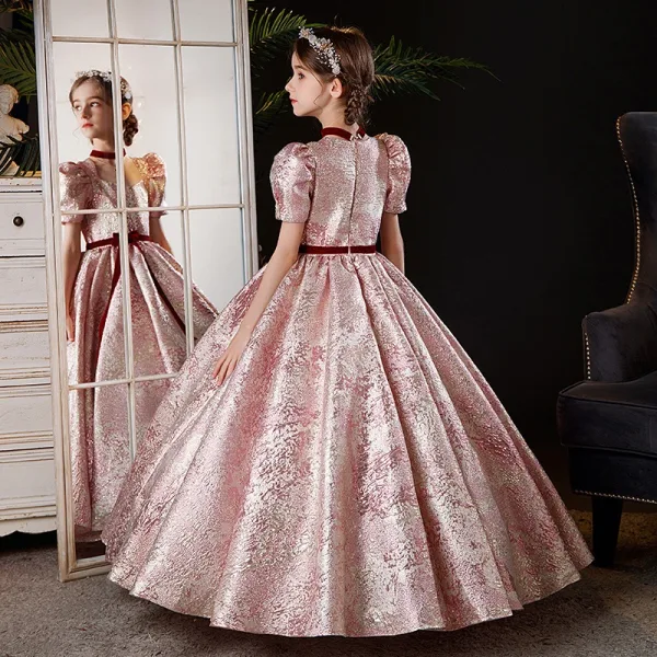 Lovely Blushing Pink Flower Girl Dresses Glitter 2024 Ball Gown Square Neckline Short Sleeve Bow Sash Floor-Length / Long