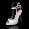 Sexy White Pearl Rhinestone Wedding Shoes 2023 Ankle Strap 11 cm Stiletto Heels Open / Peep Toe Wedding Sandals High Heels