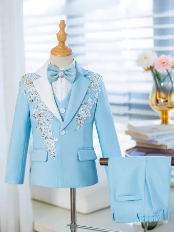 Moda Azul Cielo Rhinestone Manga Larga 5 Piezas Trajes Para Niños 2024 Abrigos Pantalones Camisas Corbata Chaleco