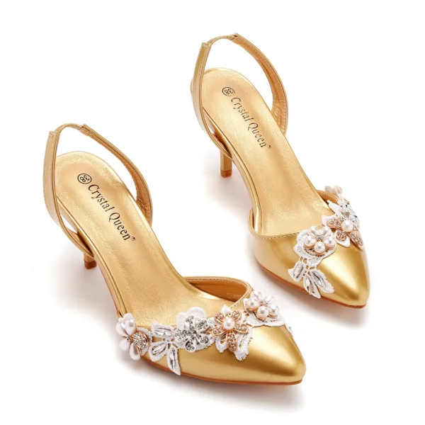 Charming White Pearl Rhinestone Lace Flower Wedding Shoes 2023 7 cm Stiletto Heels Pointed Toe Wedding Sandals High Heels
