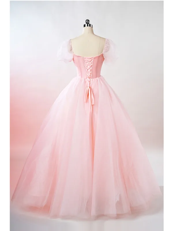Schöne Rosa Perlenstickerei Perle Pailletten Ballkleider 2025 Ballkleid Eckiger Ausschnitt Kurze Ärmel Rückenfreies Lange Ball Festliche Kleider
