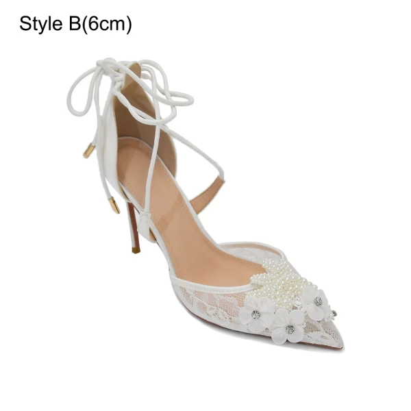 Elegant White Beading Pearl Rhinestone Lace Flower Wedding Shoes 2024 X-Strap 10 cm Stiletto Heels Pointed Toe Wedding Sandals High Heels
