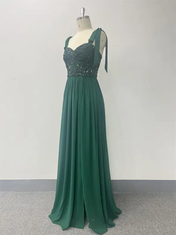 Simple Vert Foncé Perlage Paillettes Fendue devant Robe De Bal 2024 Princesse Bretelles Spaghetti Sans Manches Dos Nu Longue Promo Robe De Ceremonie
