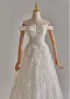 Schlicht Weiß Spitze Blumen Brautkleider / Hochzeitskleider 2025 A Linie Off Shoulder Ärmellos Rückenfreies Lange
