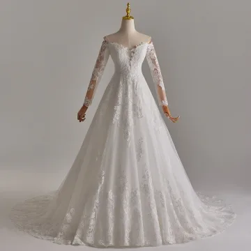 Elegante Weiß Spitze Blumen Brautkleider Hochzeitskleider 2025 Ballkleid Off Shoulder Lange Ärmel Rückenfreies Sweep Pinsel Zug