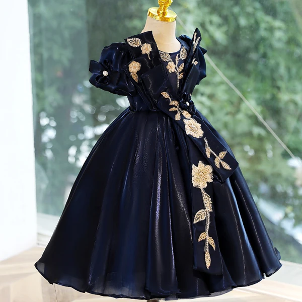 Chic / Beautiful Navy Blue Beading Sequins Birthday Flower Girl Dresses 2023 Ball Gown Scoop Neck Puffy Short Sleeve Backless Floor-Length / Long Flower Girl Dresses