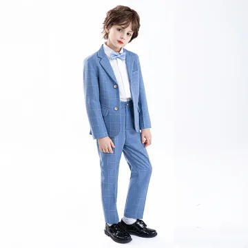 Bleu Ciel Manches Longues 6 Pièces Plaid Costume Garçon Mariage 2025 Mariage Bijoux De Corps Manteau Pantalon Chemise Cravate Gilet