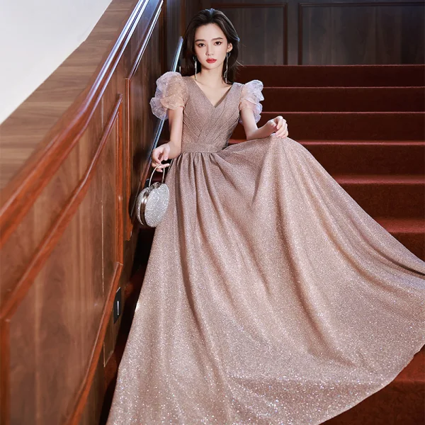Chic / Belle Rose Sombre Glitter Robe De Bal 2022 Princesse V-Cou Gonflée Manches Courtes Dos Nu Longue Promo Robe De Ceremonie
