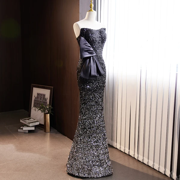 Sexy Schwarz Pailletten Abendkleider 2023 Meerjungfrau Bandeau Schleife Ärmellos Rückenfreies Lange Abend Festliche Kleider