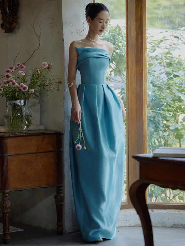 Chinese style Pool Blue Evening Dresses 2024 Trumpet / Mermaid Strapless Sleeveless Backless Floor-Length / Long Evening Party Formal Dresses