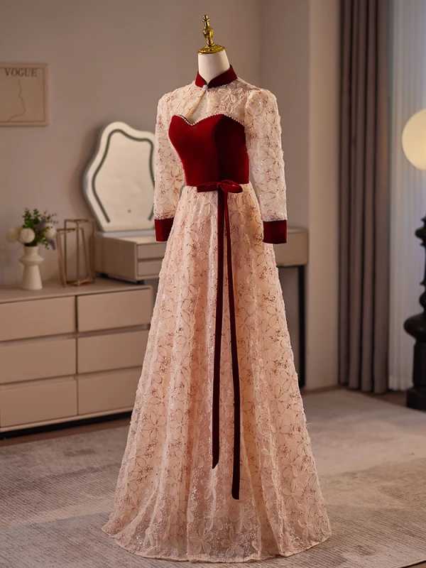 Chinese style Burgundy Pearl Flower Bow Prom Dresses 2024 A-Line / Princess High Neck 3/4 Sleeve Backless Floor-Length / Long Prom Formal Dresses