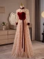 Chinese style Burgundy Pearl Flower Bow Prom Dresses 2024 A-Line / Princess High Neck 3/4 Sleeve Backless Floor-Length / Long Prom Formal Dresses