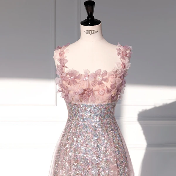 Charmant Rougissant Rose Paillettes Appliques Robe De Soirée 2023 Princesse Bretelles Spaghetti Sans Manches Dos Nu Longue Soirée Robe De Ceremonie