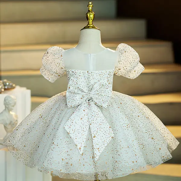 Fashion White Glitter Spotted Birthday Flower Girl Dresses 2022 Ball Gown Scoop Neck Puffy Short Sleeve Short Flower Girl Dresses