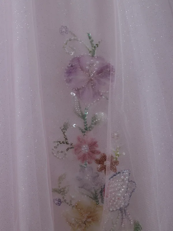 Elegant Lavender Pearl Rhinestone Sequins Flower Prom Dresses 2026 Ball Gown Strapless Sleeveless Backless Floor-Length / Long Formal Dresses