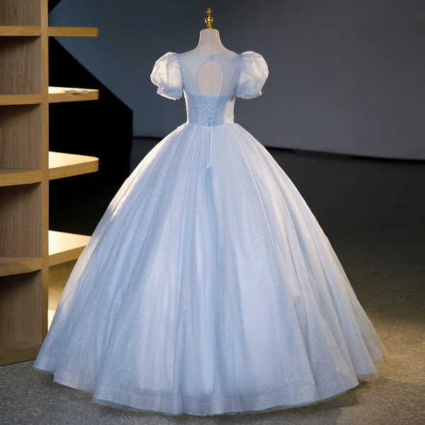 Chic / Beautiful Sky Blue Beading Sequins Prom Dresses 2023 Ball Gown Scoop Neck Puffy Short Sleeve Backless Floor-Length / Long Prom Formal Dresses