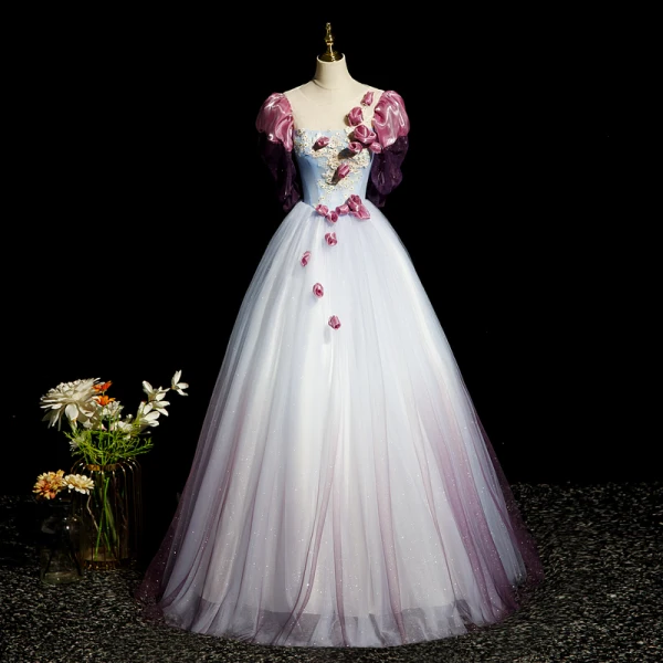 Elegant Sky Blue Rhinestone Sequins Appliques Lace Flower Prom Dresses 2023 Ball Gown Scoop Neck Puffy Short Sleeve Backless Floor-Length / Long Formal Dresses