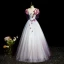 Elegant Sky Blue Rhinestone Sequins Appliques Lace Flower Prom Dresses 2023 Ball Gown Scoop Neck Puffy Short Sleeve Backless Floor-Length / Long Formal Dresses