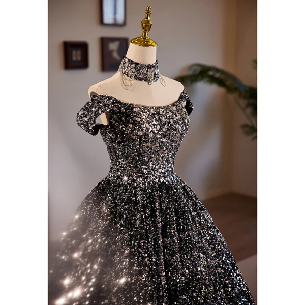 Sparkly Black Sequins Prom Dresses 2024 Ball Gown Off-The-Shoulder Sleeveless Backless Floor-Length / Long Prom Formal Dresses