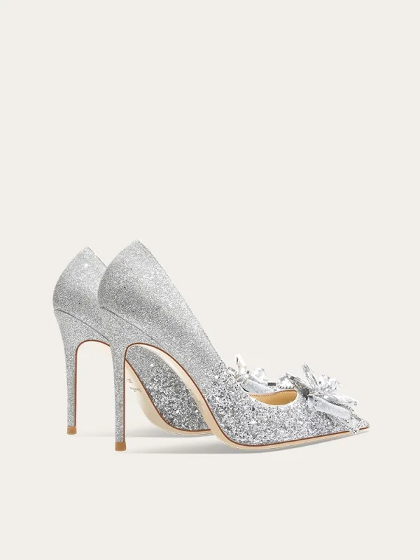 Glittrande Silver Kristall Paljetter Brudskor 2024 10 cm Stilettklackar Spetsiga Bröllop Pumps Högklackade