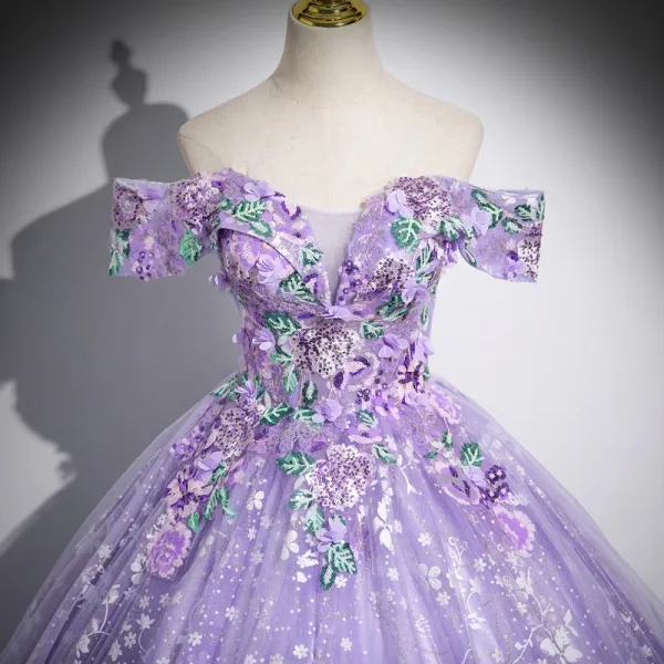 Flower Fairy Lavender Appliques Sequins Prom Dresses 2024 Ball Gown Off-The-Shoulder Short Sleeve Backless Floor-Length / Long Prom Formal Dresses