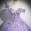Flower Fairy Lavender Appliques Sequins Prom Dresses 2024 Ball Gown Off-The-Shoulder Short Sleeve Backless Floor-Length / Long Prom Formal Dresses