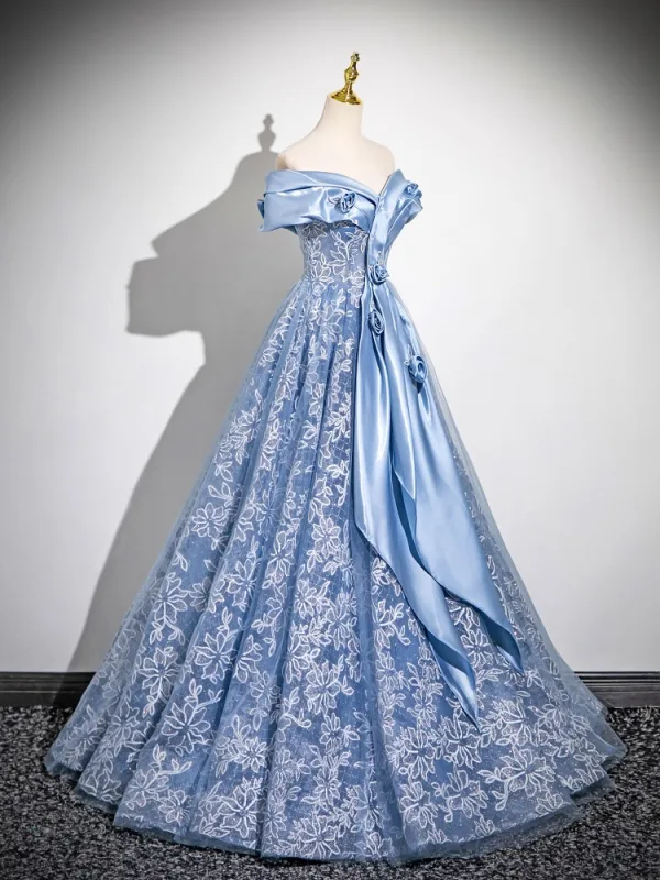Chic / Beautiful Sky Blue Lace Flower Sequins Prom Dresses 2025 A-Line / Princess Off-The-Shoulder Sleeveless Backless Floor-Length / Long Prom Formal Dresses