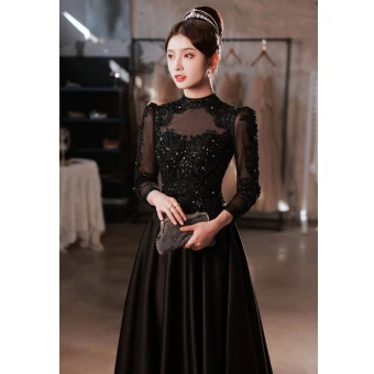 Vintage Originale Noire Perlage Faux Diamant Paillettes Robe De Soirée 2023 Princesse Col Haut 3 4 Manches Longue Soirée Robe De Ceremonie