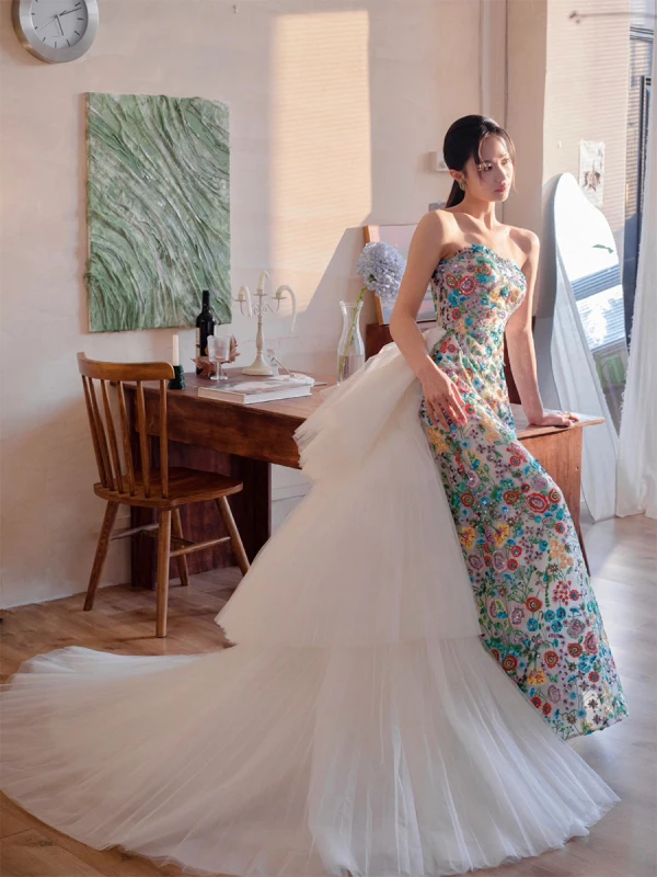Fancy Green Embroidered Floral Prom Dresses 2023 Ball Gown Strapless Sleeveless Backless Floor-Length / Long Prom Formal Dresses