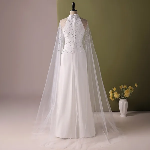 Elegant Hvide Rhinestone Gallakjoler 2024 Havfrue Høj Hals Ærmeløs Lange Galla Kjoler