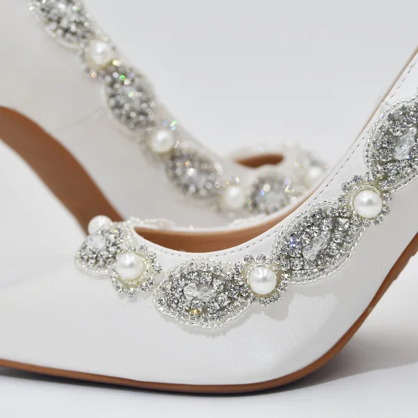Elegante Weiß Perle Strass Brautschuhe 2022 Satin 10 cm Stilettos Spitzschuh Hochzeit Pumps Hochhackige