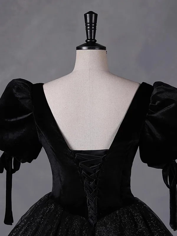 Vintage / Retro Black Glitter Velvet Prom Dresses 2023 Ball Gown Square Neckline Short Sleeve Backless Floor-Length / Long Prom Formal Dresses