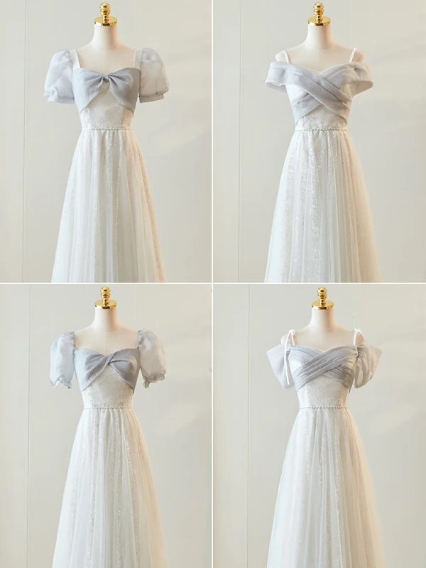 Modest / Simple Grey Short Sleeve Backless Bridesmaid Dresses 2024 A-Line / Princess Floor-Length / Long Tulle