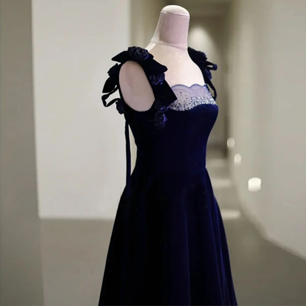 Vintage / Retro Navy Blue Suede Evening Dresses 2023 A-Line / Princess Spaghetti Straps Sleeveless Backless Floor-Length / Long Evening Party Formal Dresses