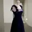 Elegant Navy Blue Suede Evening Dresses 2022 A-Line / Princess Spaghetti Straps Sleeveless Backless Bow Floor-Length / Long Evening Party Formal Dresses