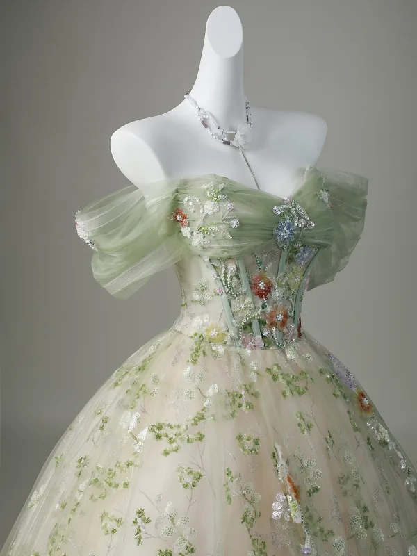 Elegant Sage Green Sequins Flower Prom Dresses 2026 Ball Gown Off-The-Shoulder Sleeveless Backless Floor-Length / Long Prom Formal Dresses